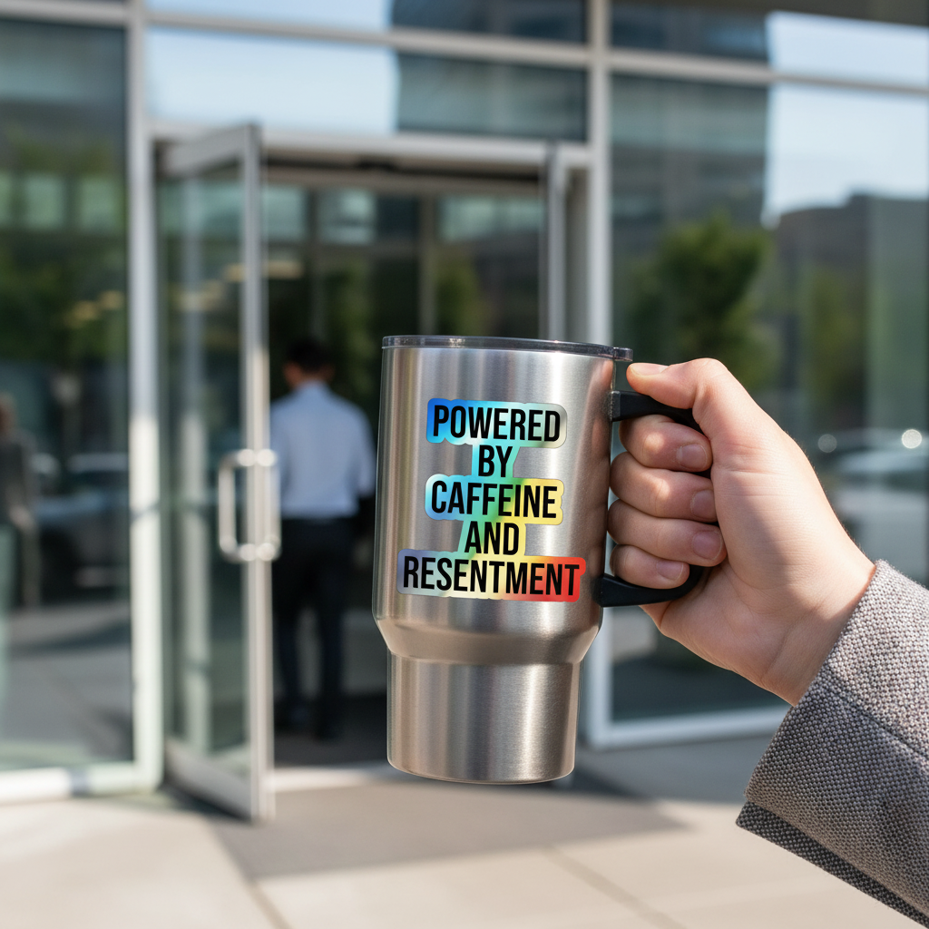 Holographic Sticker - "Powered by Caffeine and Resentment"