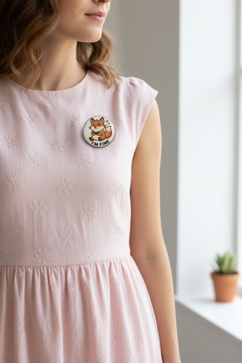 "I'm Fine" Grumpy Fox Pin Button - Sarcastic Relatable Gift